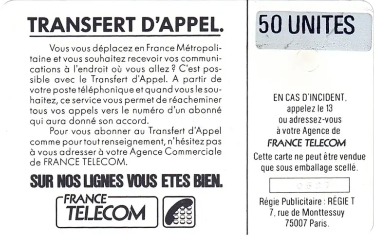 Télécarte Transfert d'appel rajout gris verso